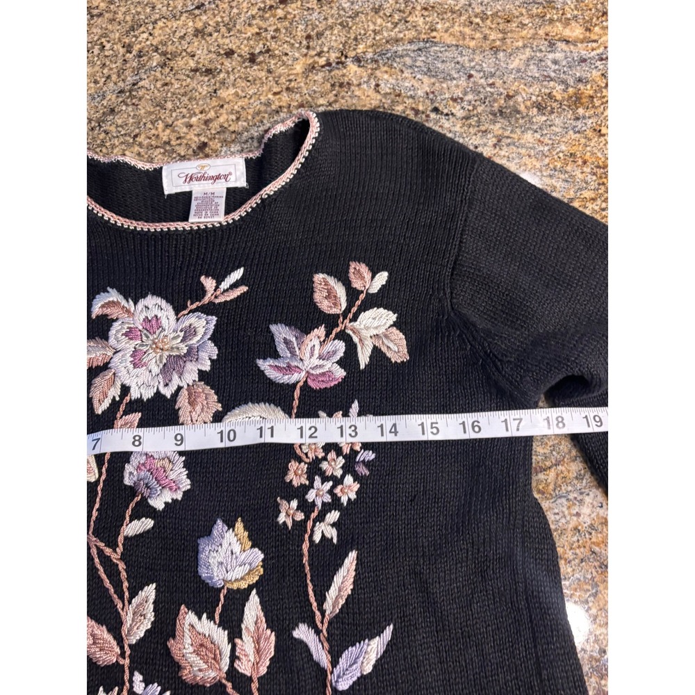 Vintage Worthington Floral Embroidered Knit Sweater Cottagecore Black Size M - Picture 8 of 8